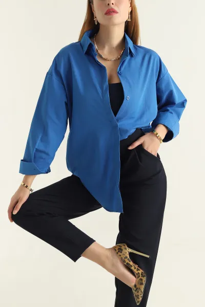 Saks Mavisi Poplin Kumaş Gizli Pat Kadın Gömlek 304523