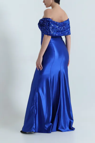 Saks Mavisi Pullu Saten Kayık Yaka Balık Model Kadın Abiye 466057