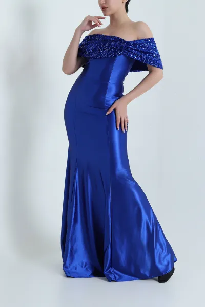 Saks Mavisi Pullu Saten Kayık Yaka Balık Model Kadın Abiye 466057