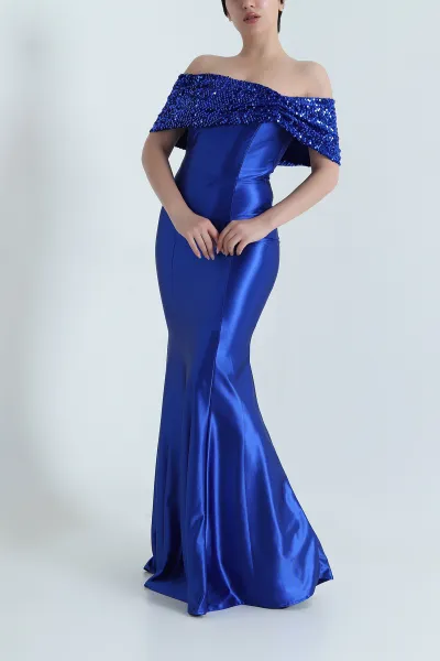 Saks Mavisi Pullu Saten Kayık Yaka Balık Model Kadın Abiye 466057