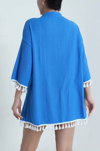Saks Mavisi Püsküllü Bürümcük Kadın Kimono 481632