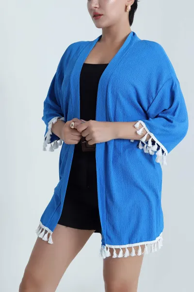 Saks Mavisi Püsküllü Bürümcük Kadın Kimono 481632