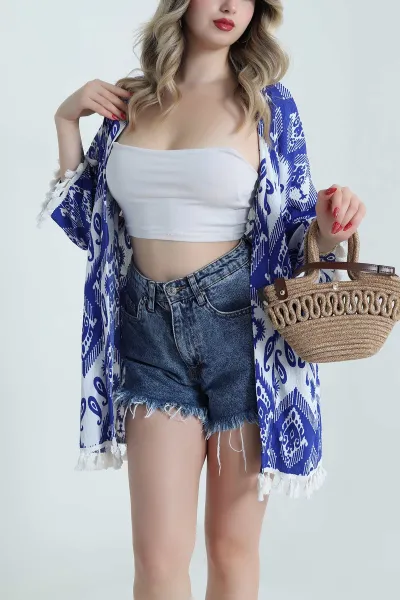 Saks Mavisi Püsküllü Bürümcük Kadın Kimono 481658