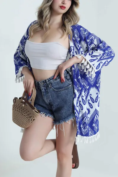 Saks Mavisi Püsküllü Bürümcük Kadın Kimono 481658