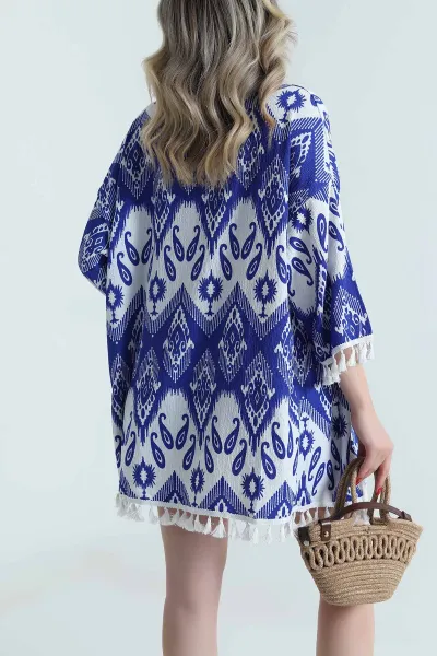 Saks Mavisi Püsküllü Bürümcük Kadın Kimono 481658