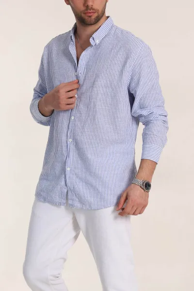 Saks Mavisi Regular Fit Çizgili Ata Yaka Erkek Gömlek 349920