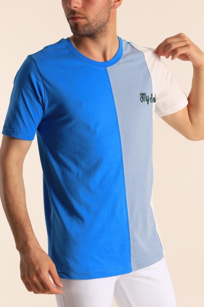Saks Mavisi Regular Fit Dikey Şeritli Erkek Tişört 182289
