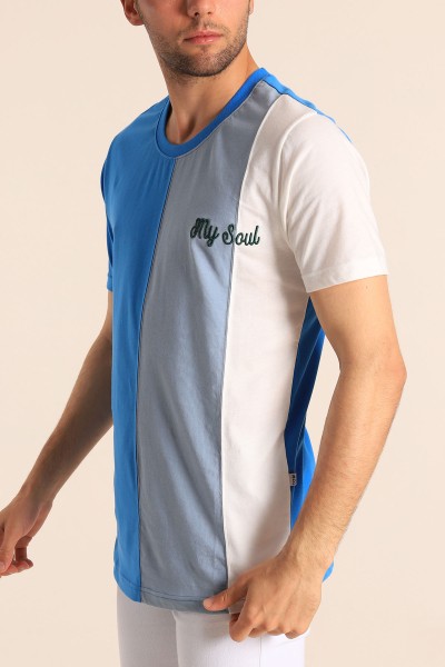 Saks Mavisi Regular Fit Dikey Şeritli Erkek Tişört 182289