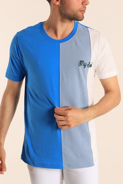 Saks Mavisi Regular Fit Dikey Şeritli Erkek Tişört 182289