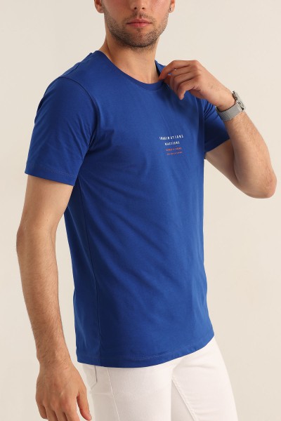 Saks Mavisi Regular Fit Kabartma Yazı Detay Erkek Tişört 182232