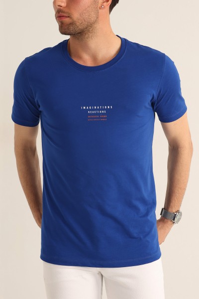 Saks Mavisi Regular Fit Kabartma Yazı Detay Erkek Tişört 182232