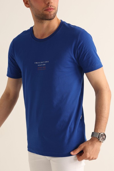 Saks Mavisi Regular Fit Kabartma Yazı Detay Erkek Tişört 182232