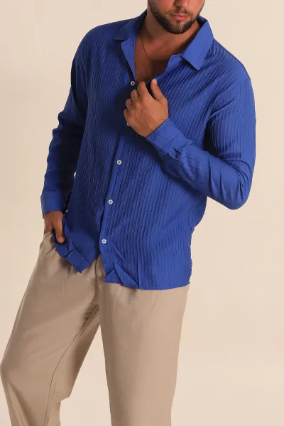 Saks Mavisi Regular Fit Plise Dokulu Erkek Gömlek 285474