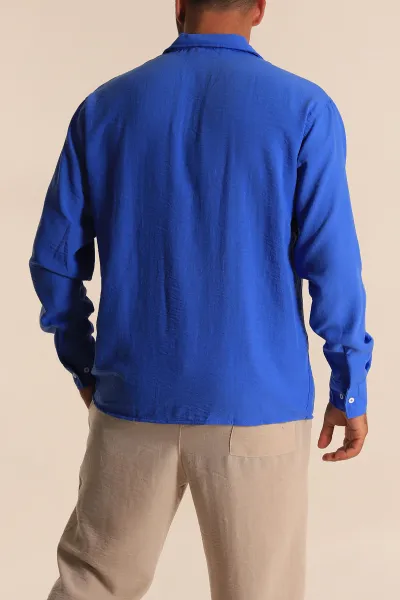 Saks Mavisi Relaxed Fit Bambu Keten Apaş Yaka Erkek Gömlek 285492