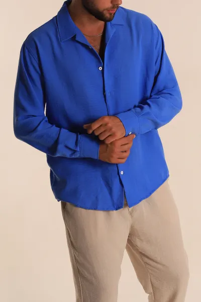 Saks Mavisi Relaxed Fit Bambu Keten Apaş Yaka Erkek Gömlek 285492