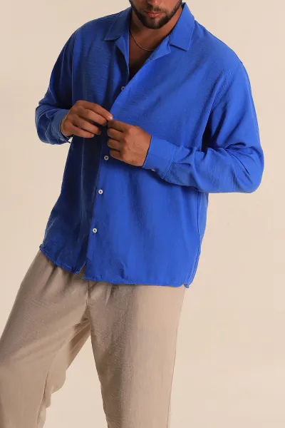 Saks Mavisi Relaxed Fit Bambu Keten Apaş Yaka Erkek Gömlek 285492
