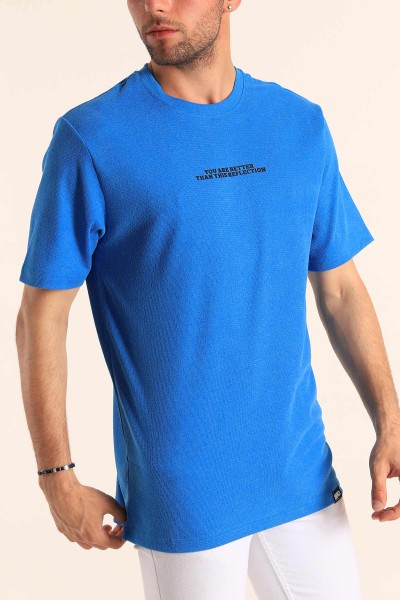 Saks Mavisi Relaxed Fit Dokulu Slogan Baskılı Erkek Tişört 186773