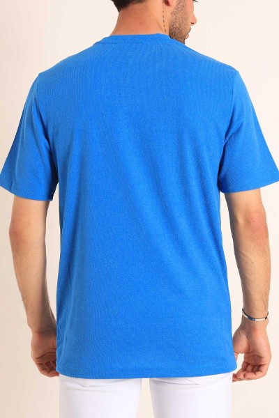 Saks Mavisi Relaxed Fit Dokulu Slogan Baskılı Erkek Tişört 186773