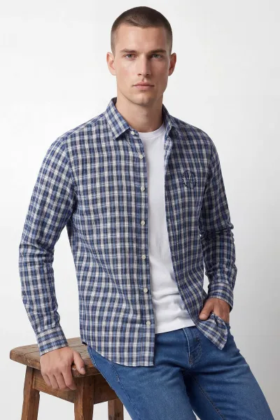 Saks Mavisi Relaxed Fit Kare Desen Erkek Gömlek 435778
