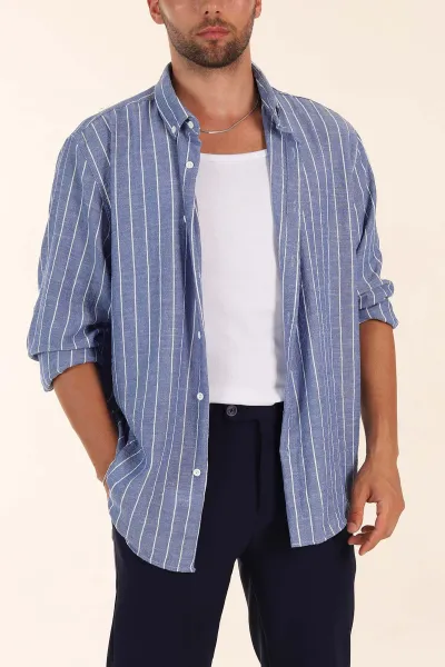 Saks Mavisi Relaxed Fit Keten Ata Yaka Çizgili Erkek Gömlek 376957