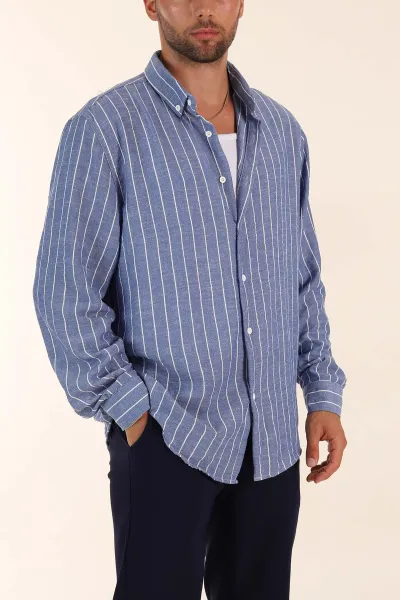 Saks Mavisi Relaxed Fit Keten Ata Yaka Çizgili Erkek Gömlek 376957