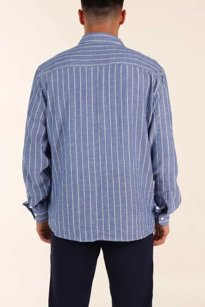 Saks Mavisi Relaxed Fit Keten Ata Yaka Çizgili Erkek Gömlek 376957