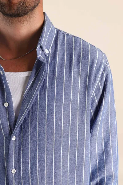 Saks Mavisi Relaxed Fit Keten Ata Yaka Çizgili Erkek Gömlek 376957