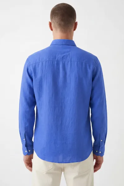 Saks Mavisi Relaxed Fit Keten Ata Yaka Erkek Gömlek 435845