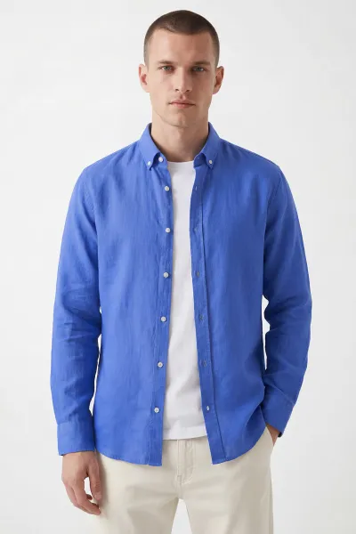 Saks Mavisi Relaxed Fit Keten Ata Yaka Erkek Gömlek 435845