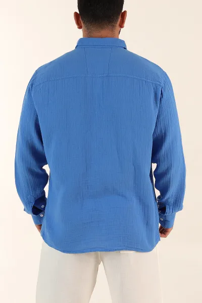 Saks Mavisi Relaxed Fit Müslin Keten Ata Yaka Erkek Gömlek 386196