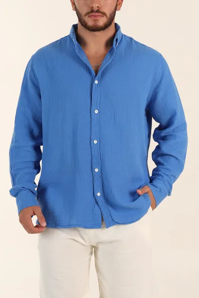 saks-mavisi-relaxed-fit-muslin-keten-ata-yaka-erkek-gomlek-386196