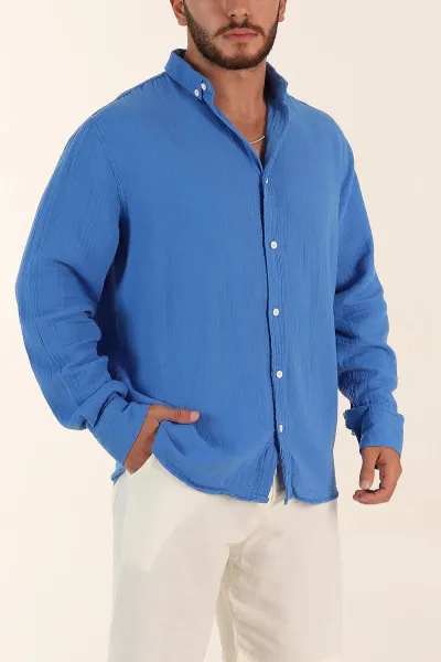 Saks Mavisi Relaxed Fit Müslin Keten Ata Yaka Erkek Gömlek 386196