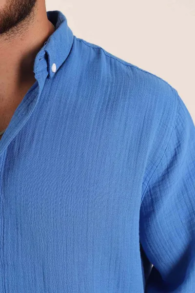 Saks Mavisi Relaxed Fit Müslin Keten Ata Yaka Erkek Gömlek 386196