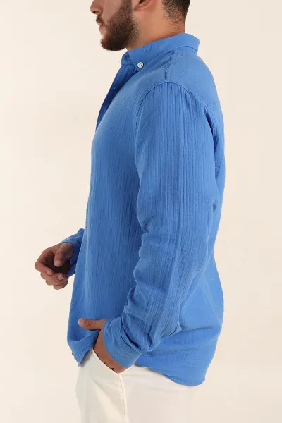 Saks Mavisi Relaxed Fit Müslin Keten Ata Yaka Erkek Gömlek 386196