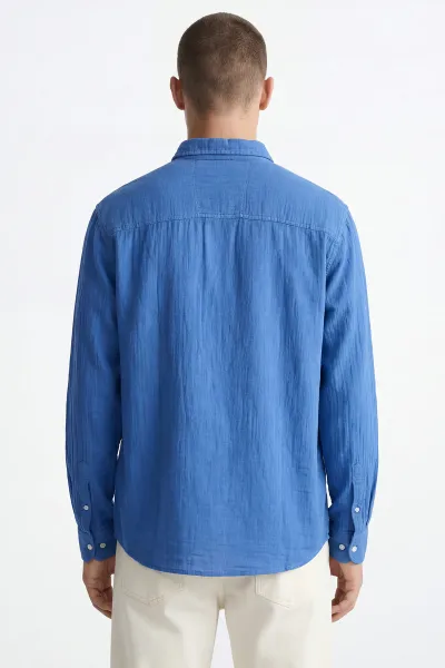Saks Mavisi Relaxed Fit Müslin Keten Ata Yaka Erkek Gömlek 435756