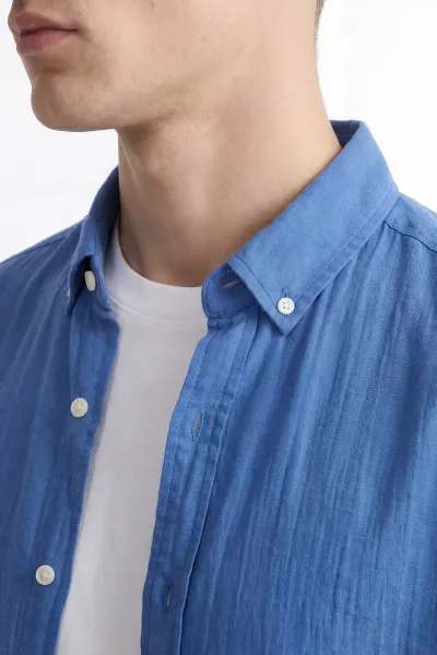 Saks Mavisi Relaxed Fit Müslin Keten Ata Yaka Erkek Gömlek 435756