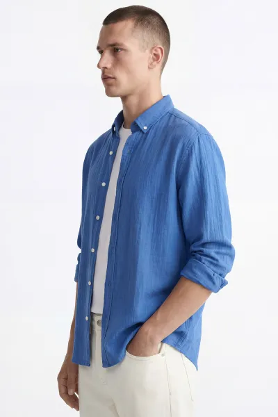 Saks Mavisi Relaxed Fit Müslin Keten Ata Yaka Erkek Gömlek 435756