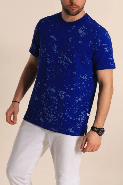 Saks Mavisi Relaxed Fit Sprey Baskılı Erkek Tişört 268119