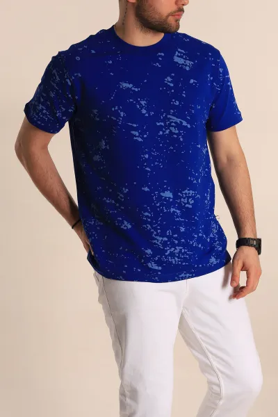 Saks Mavisi Relaxed Fit Sprey Baskılı Erkek Tişört 268119