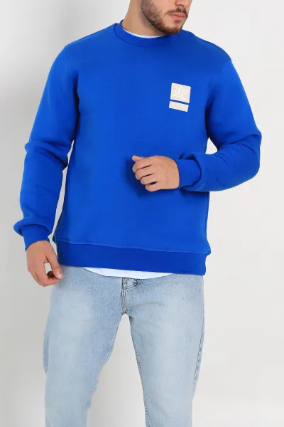 Saks Mavisi Relaxed Fit Üç İp Şardonlu Kabartma Detaylı Erkek Sweatshirt 309881