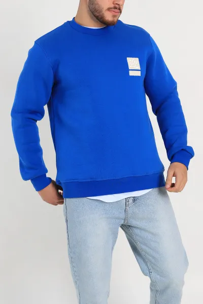 Saks Mavisi Relaxed Fit Üç İp Şardonlu Kabartma Detaylı Erkek Sweatshirt 309881