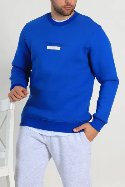Saks Mavisi Relaxed Fit Üç İp Şardonlu Yazı Detaylı Erkek Sweatshirt 310489
