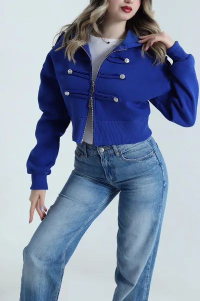 Saks Mavisi Şardonlu Apoletli Düğme Detay Sweat 495467