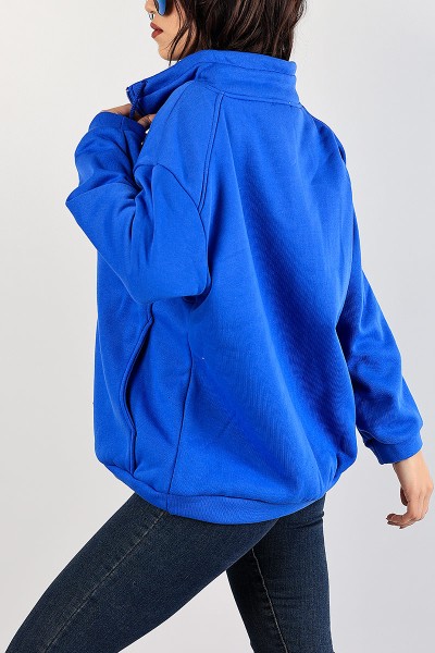 Saks Mavisi Şardonlu Kanguru Cepli Sweat 83356