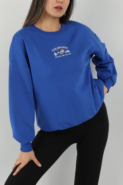 Saks Mavisi Şardonlu Nakışlı Bayan Sweat 144413