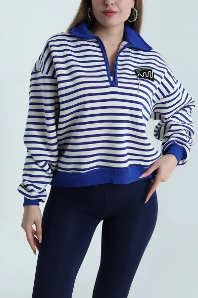 Saks Mavisi Şardonlu Polo Yaka Kadın Sweat 489523