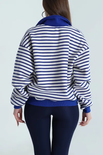 Saks Mavisi Şardonlu Polo Yaka Kadın Sweat 489523