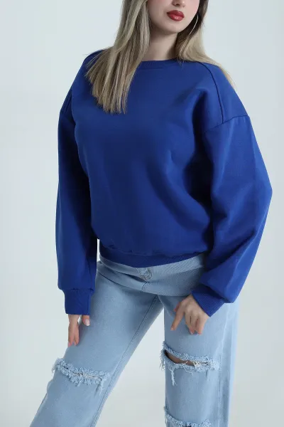 Saks Mavisi Şardonlu Üç İp Kadın Fermuarsız Sweat 487100