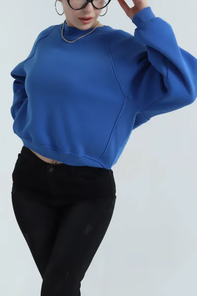 Saks Mavisi Şardonlu Üç İp Kadın Sweat 401040