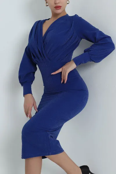 Saks Mavisi Simli Crep Kadın Abiye 401334